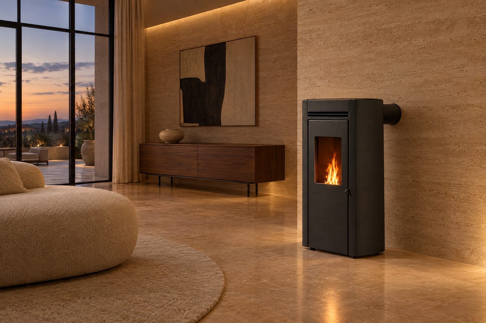 Palazzetti Flo, brandend in een woonkamer